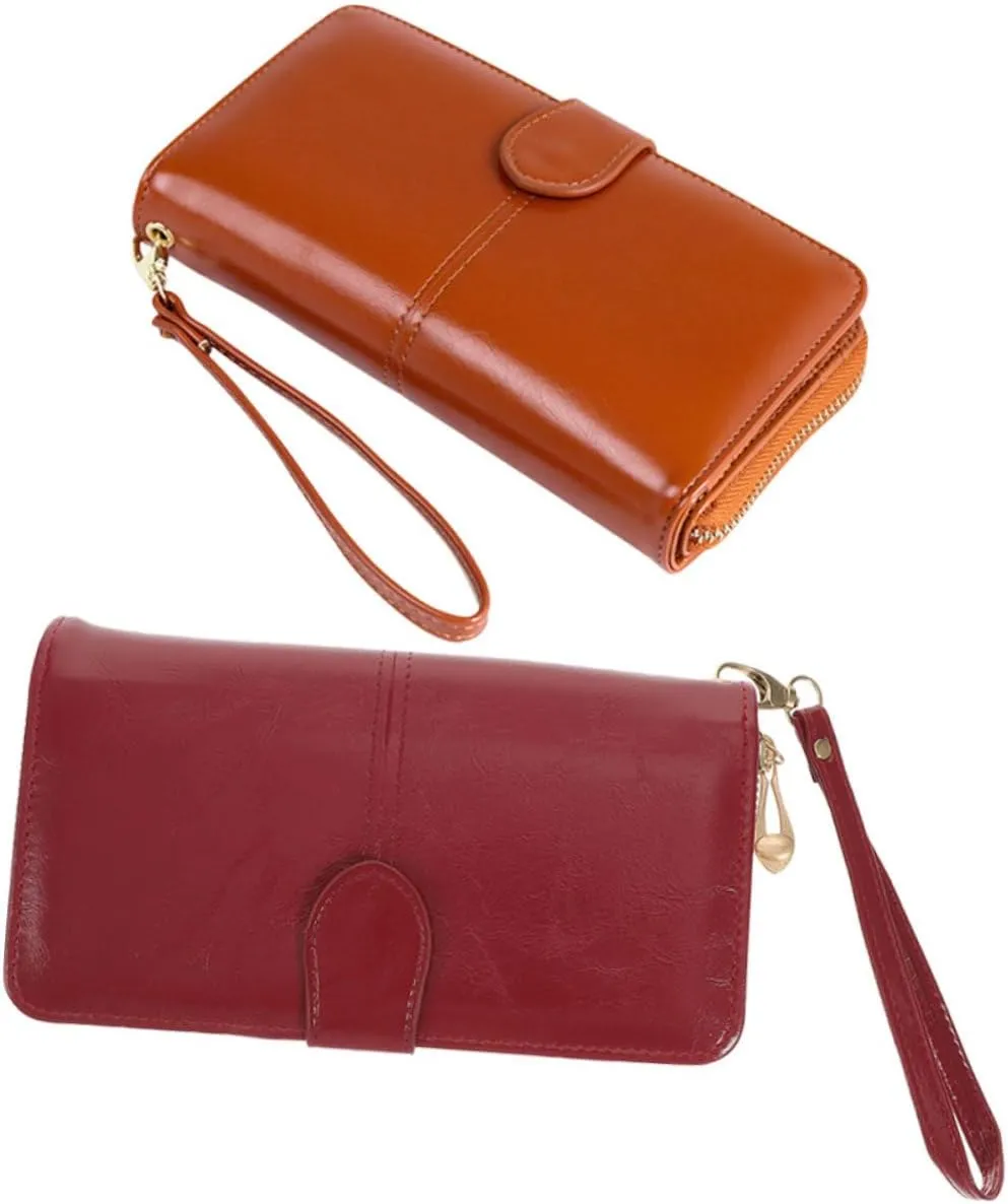 2Pcs Multifunctional Long Wallet for Women Capacity Oil Wax Leather Phone Storage Bag for Daily Essentials and Travel