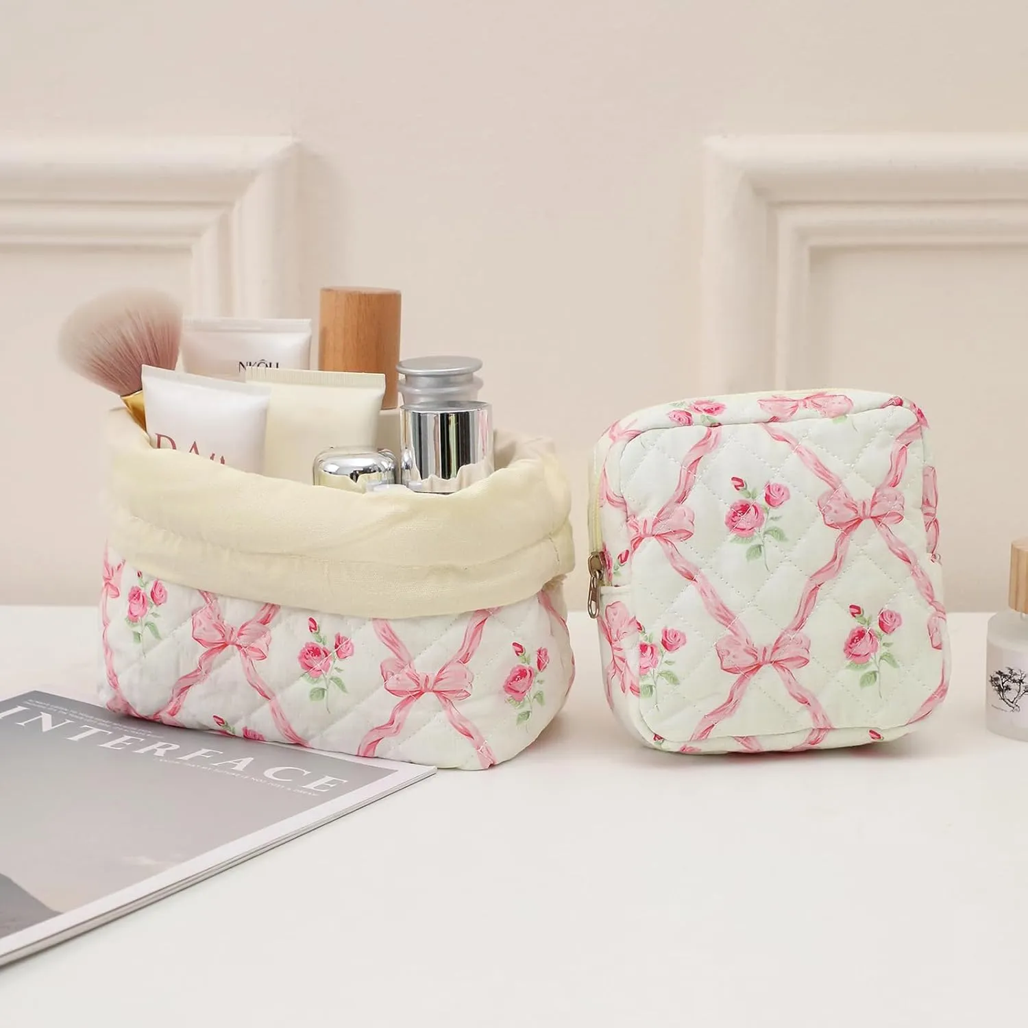 2Pcs Small Cotton Quilted Makeup Bag Set, Cute Coquette Drawstring Cosmetic Bag with Canvas Lining, Aesthetic Travel Organized Toiletry Bags for Purse (03Pink Bows)