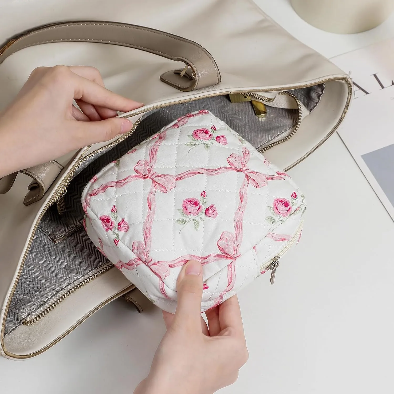 2Pcs Small Cotton Quilted Makeup Bag Set, Cute Coquette Drawstring Cosmetic Bag with Canvas Lining, Aesthetic Travel Organized Toiletry Bags for Purse (03Pink Bows)