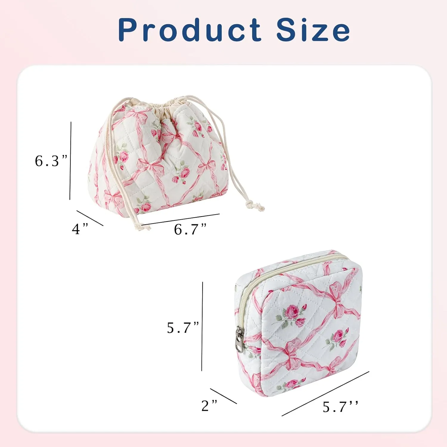 2Pcs Small Cotton Quilted Makeup Bag Set, Cute Coquette Drawstring Cosmetic Bag with Canvas Lining, Aesthetic Travel Organized Toiletry Bags for Purse (03Pink Bows)