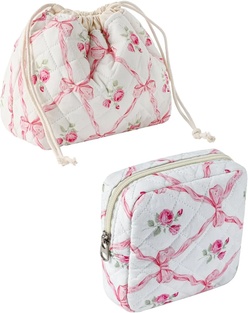 2Pcs Small Cotton Quilted Makeup Bag Set, Cute Coquette Drawstring Cosmetic Bag with Canvas Lining, Aesthetic Travel Organized Toiletry Bags for Purse (03Pink Bows)