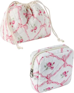 2Pcs Small Cotton Quilted Makeup Bag Set, Cute Coquette Drawstring Cosmetic Bag with Canvas Lining, Aesthetic Travel Organized Toiletry Bags for Purse (03Pink Bows)