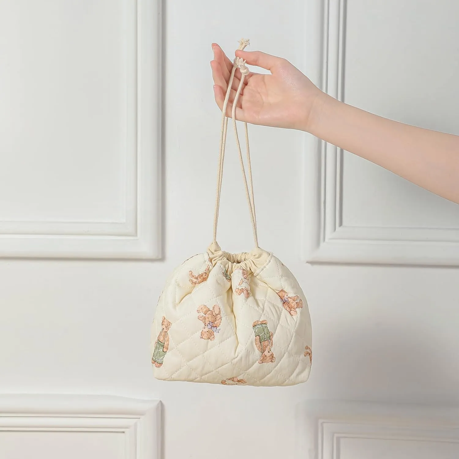 2Pcs Small Cotton Quilted Makeup Bag Set, Cute Coquette Drawstring Cosmetic Bag with Canvas Lining, Aesthetic Travel Organized Toiletry Bags for Purse (05White Bear)