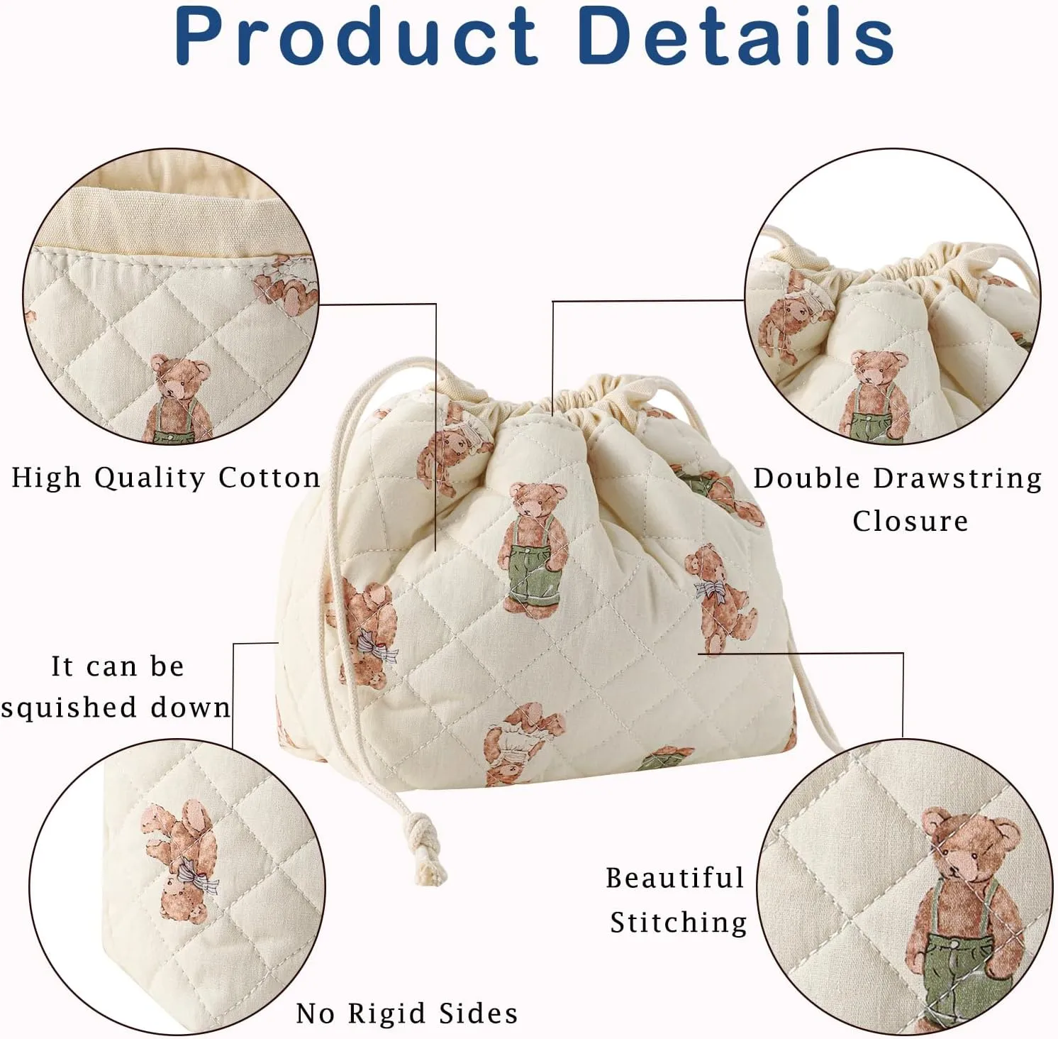 2Pcs Small Cotton Quilted Makeup Bag Set, Cute Coquette Drawstring Cosmetic Bag with Canvas Lining, Aesthetic Travel Organized Toiletry Bags for Purse (05White Bear)