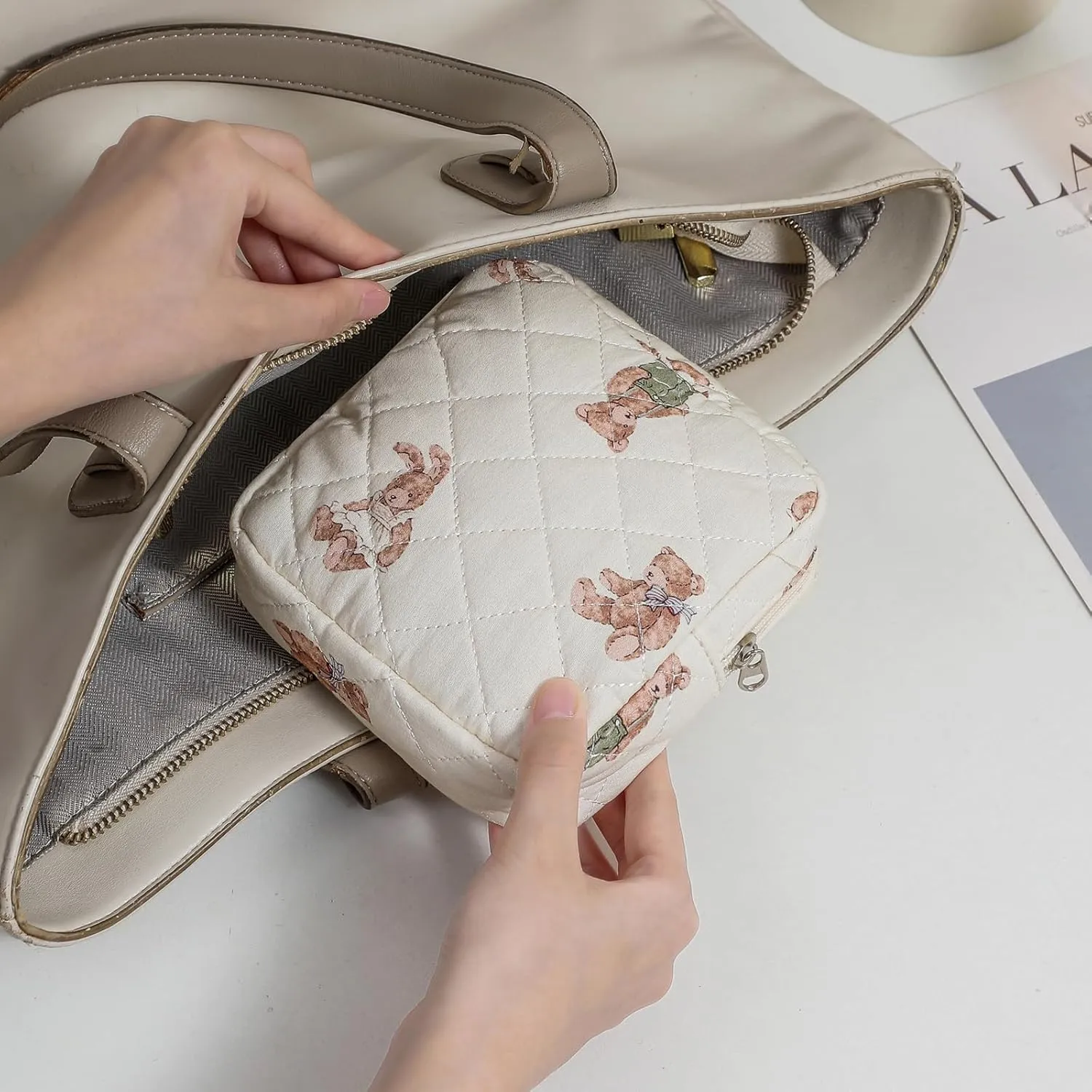 2Pcs Small Cotton Quilted Makeup Bag Set, Cute Coquette Drawstring Cosmetic Bag with Canvas Lining, Aesthetic Travel Organized Toiletry Bags for Purse (05White Bear)