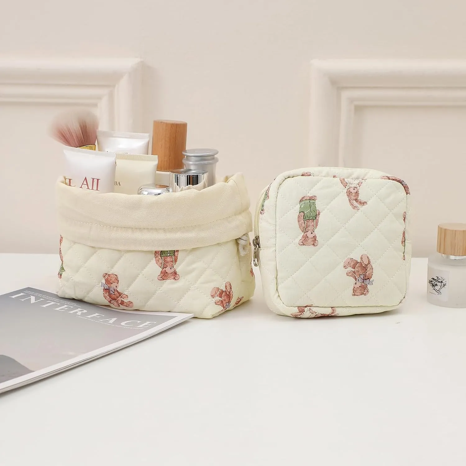 2Pcs Small Cotton Quilted Makeup Bag Set, Cute Coquette Drawstring Cosmetic Bag with Canvas Lining, Aesthetic Travel Organized Toiletry Bags for Purse (05White Bear)
