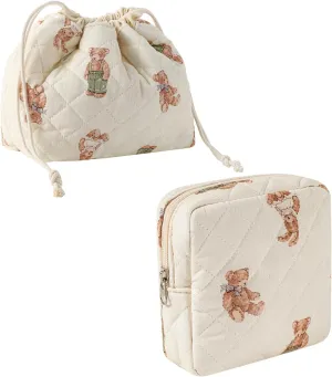2Pcs Small Cotton Quilted Makeup Bag Set, Cute Coquette Drawstring Cosmetic Bag with Canvas Lining, Aesthetic Travel Organized Toiletry Bags for Purse (05White Bear)