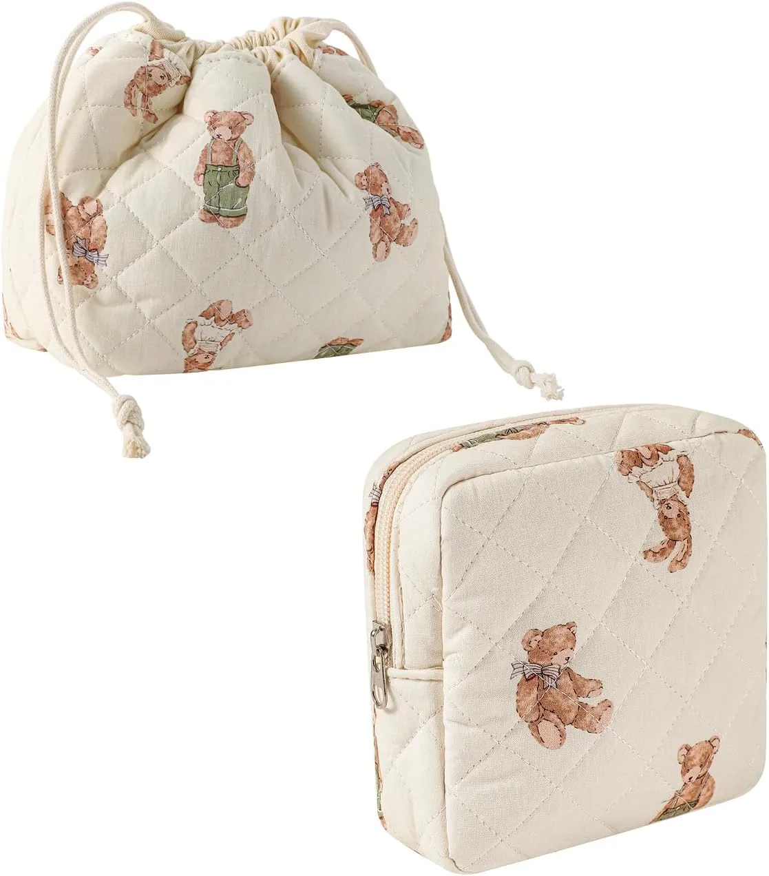 2Pcs Small Cotton Quilted Makeup Bag Set, Cute Coquette Drawstring Cosmetic Bag with Canvas Lining, Aesthetic Travel Organized Toiletry Bags for Purse (05White Bear)