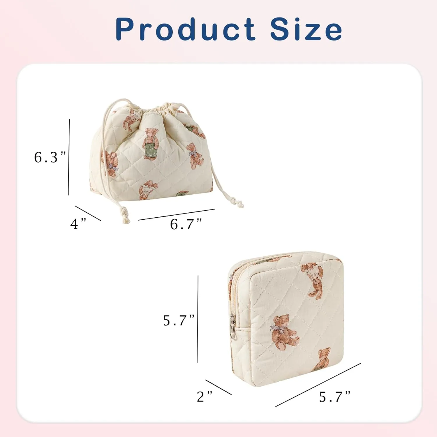 2Pcs Small Cotton Quilted Makeup Bag Set, Cute Coquette Drawstring Cosmetic Bag with Canvas Lining, Aesthetic Travel Organized Toiletry Bags for Purse (05White Bear)
