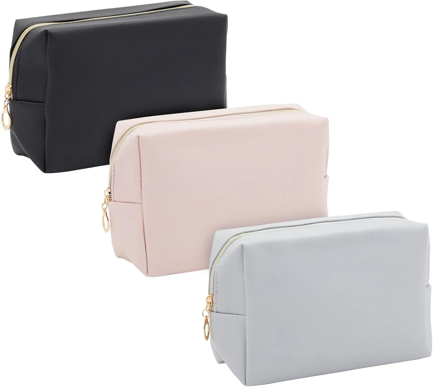 3 Pack Faux Leather Makeup Bag with Zipper, Travel Cosmetic Pouches (3 Neutral Colors)