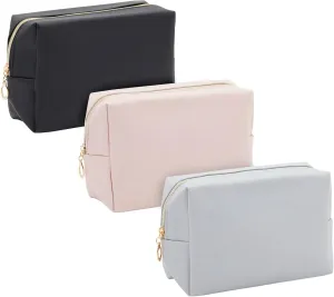 3 Pack Faux Leather Makeup Bag with Zipper, Travel Cosmetic Pouches (3 Neutral Colors)