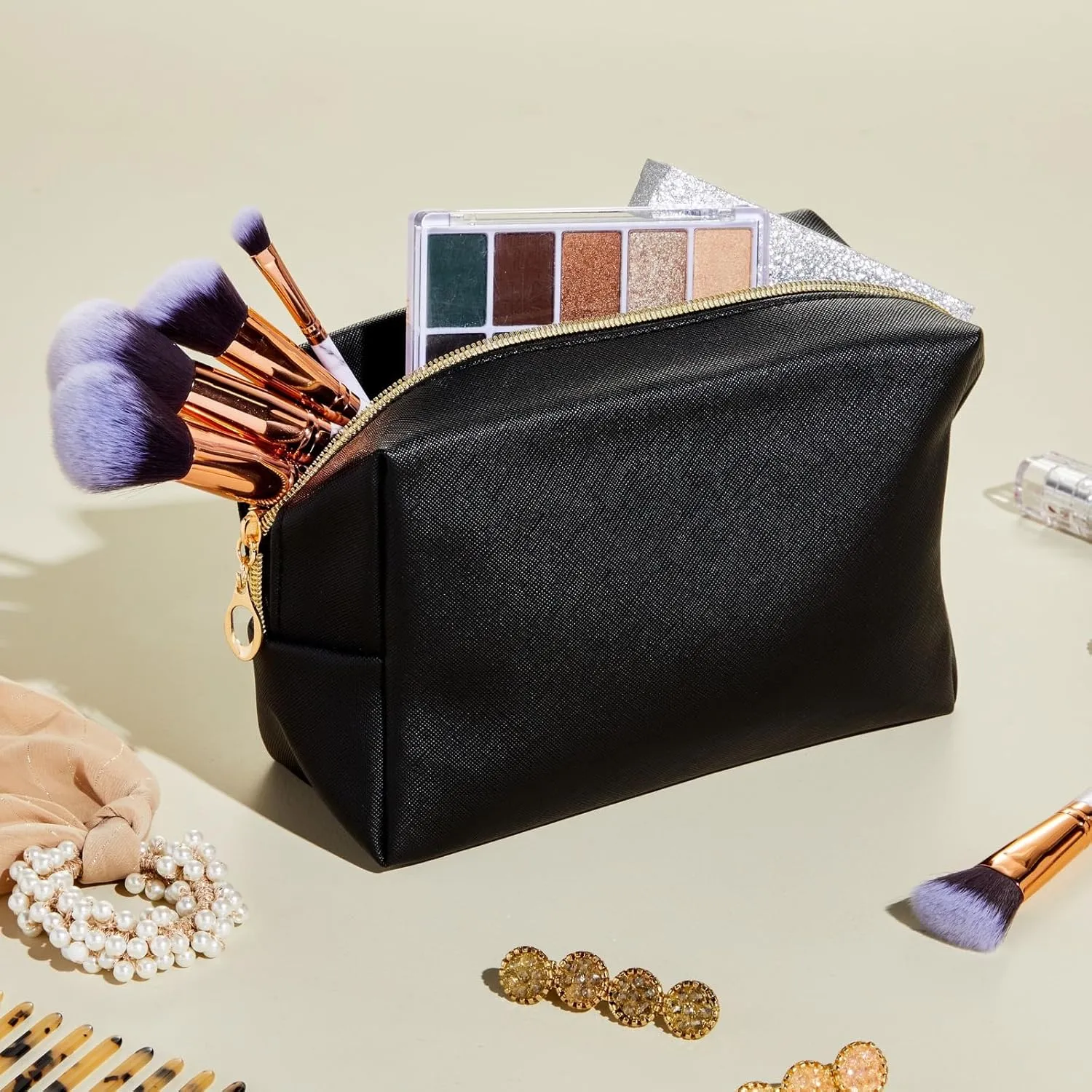 3 Pack Faux Leather Makeup Bag with Zipper, Travel Cosmetic Pouches (3 Neutral Colors)