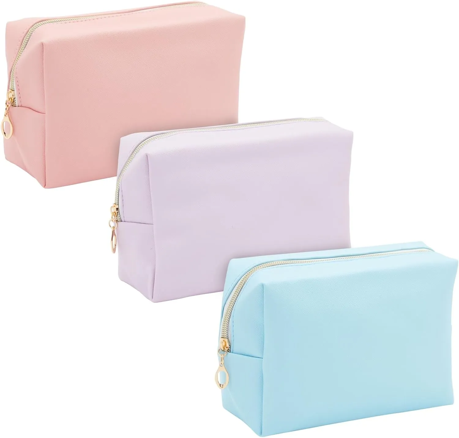 3 Pack Faux Leather Makeup Bag with Zipper, Travel Cosmetic Pouches (3 Pastel Colors)