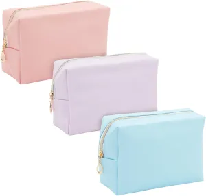 3 Pack Faux Leather Makeup Bag with Zipper, Travel Cosmetic Pouches (3 Pastel Colors)