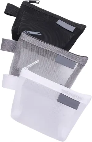 3-Pack Portable Square Mesh Storage Bags, Zippered Cosmetic Bags, Small Square Mesh Coin Purse Travel Storage Carry Pouches (Grey Black White)