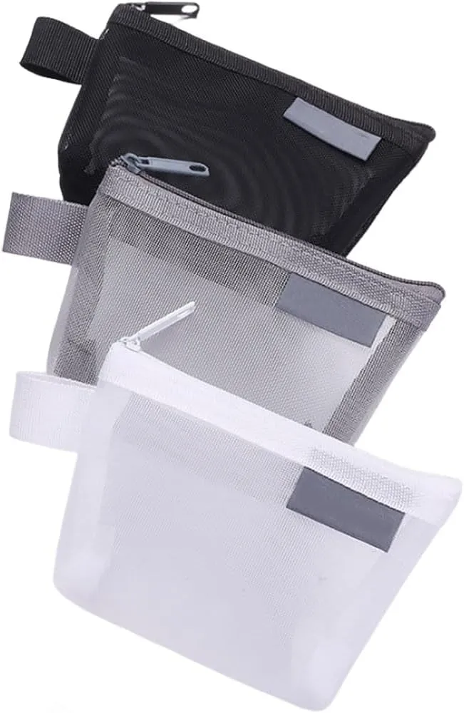 3-Pack Portable Square Mesh Storage Bags, Zippered Cosmetic Bags, Small Square Mesh Coin Purse Travel Storage Carry Pouches (Grey Black White)