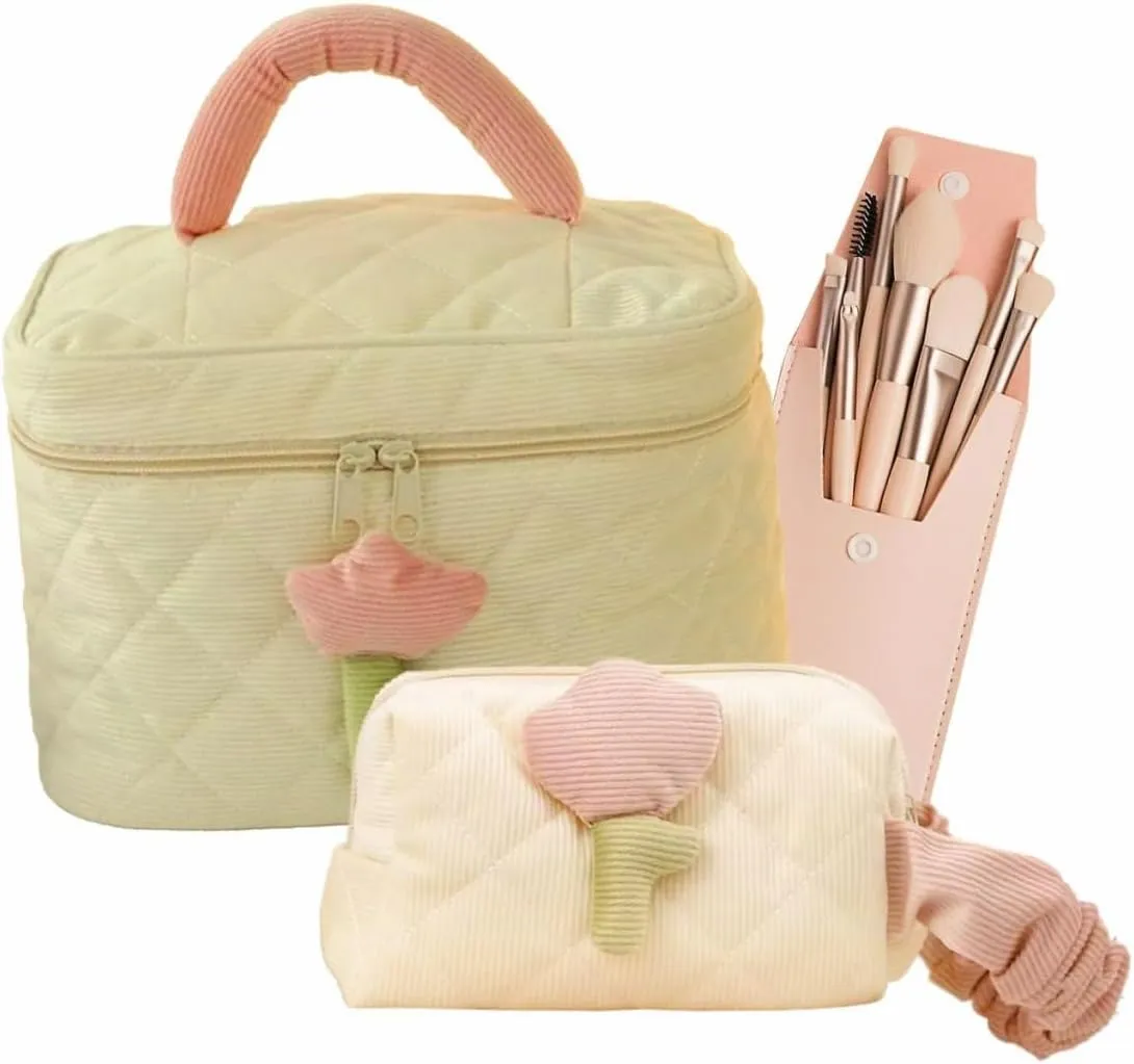 3 Pcs Cotton Quilted Coquette Cherry Makeup Toiletry Bags for Women Girls