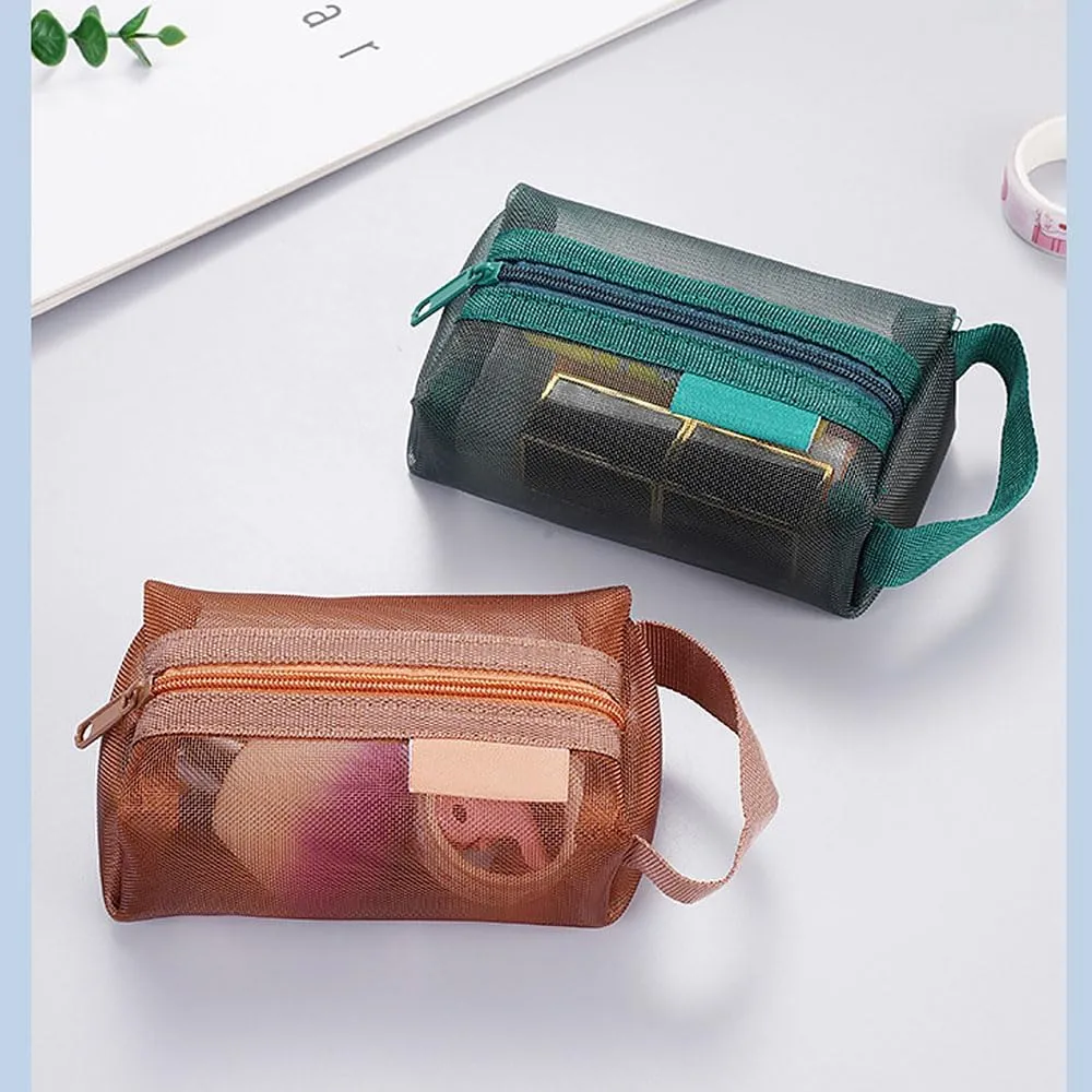 3pcs Portable Square Mesh Storage Bags, Zippered Cosmetic Bag, Small Square Coin Purse Travel Storage Carry Pouch (Green, Purple, Dark Blue)