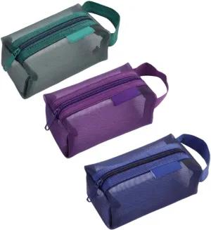 3pcs Portable Square Mesh Storage Bags, Zippered Cosmetic Bag, Small Square Coin Purse Travel Storage Carry Pouch (Green, Purple, Dark Blue)