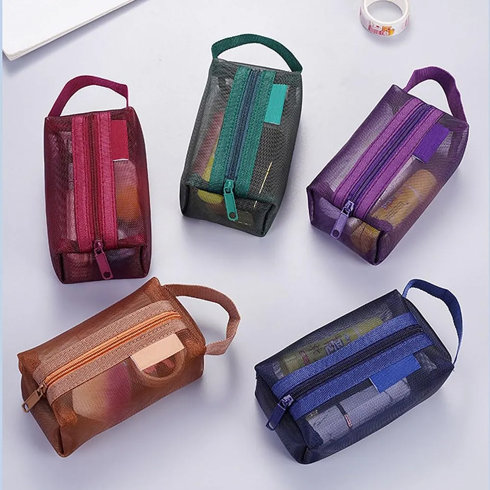 3pcs Portable Square Mesh Storage Bags, Zippered Cosmetic Bag, Small Square Coin Purse Travel Storage Carry Pouch (Green, Purple, Dark Blue)