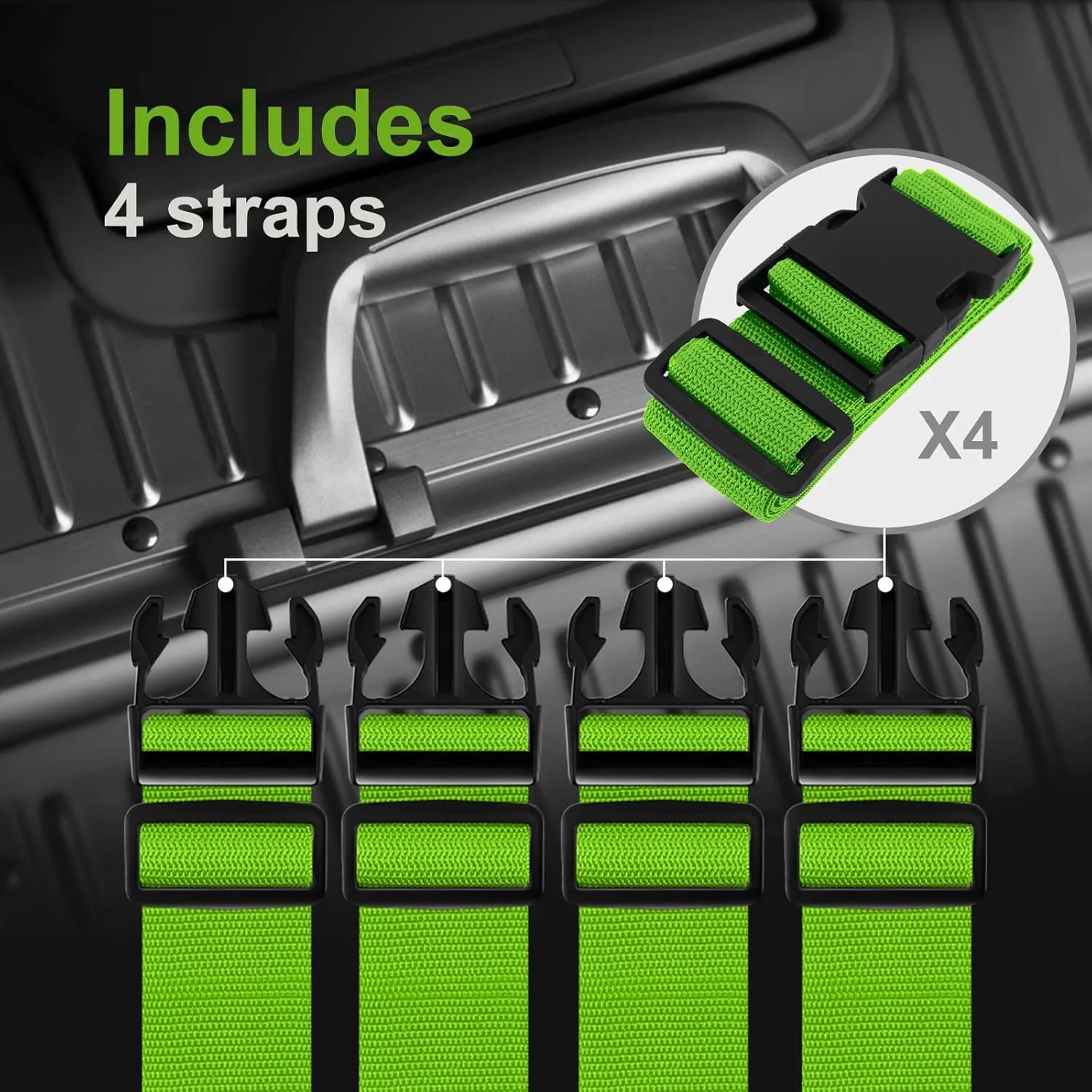 4 Packs Luggage Straps for Suitcase, Heavy Duty and Quick-Release Buckle, Adjustable Travel Cargo Safe Suitcase Belt Set (Green)