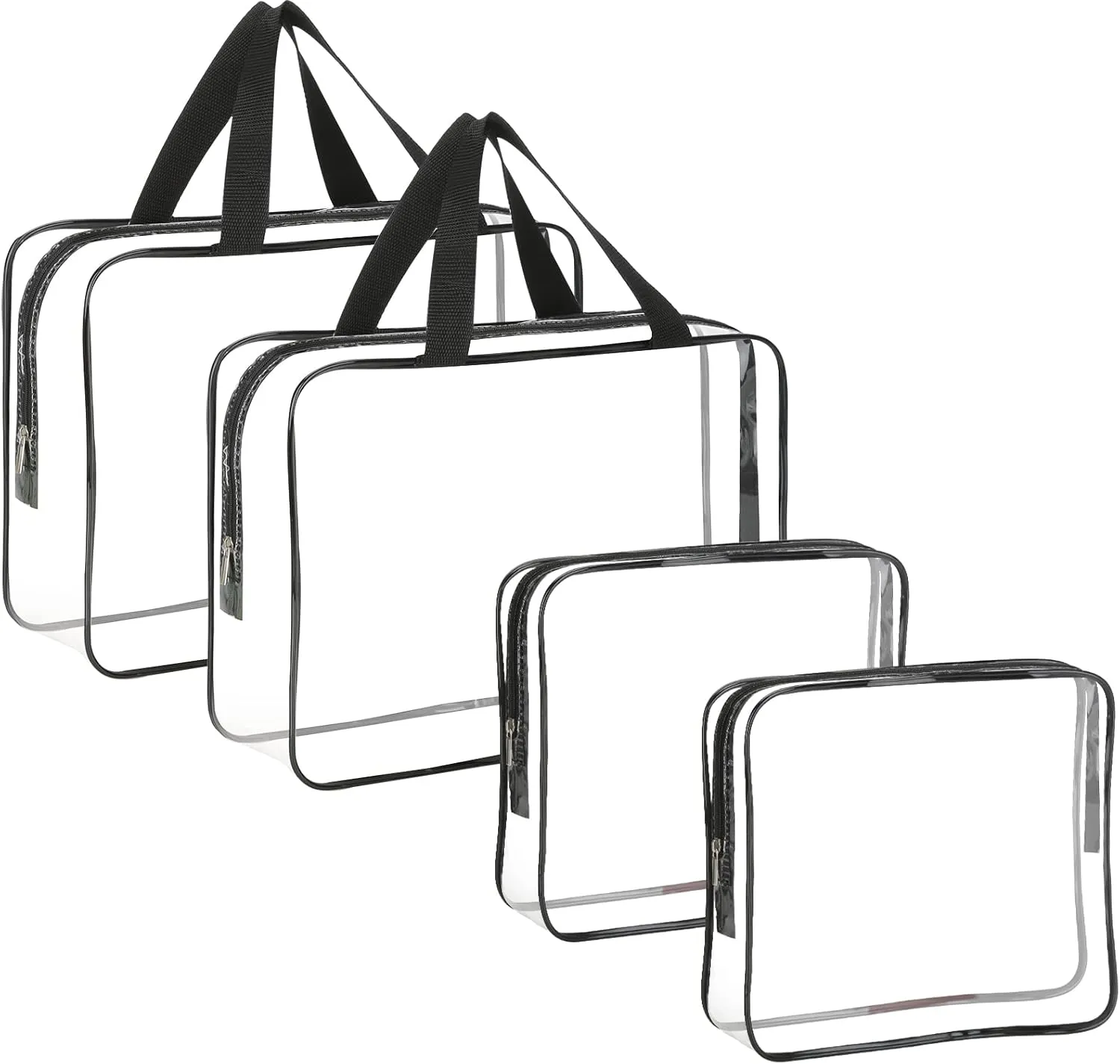 4-Piece Large Makeup Bags - Clear Plastic PVC Tote Bags with Zipper Handle - Portable Travel Luggage Pouch - Airport Airline Vacation Organization (Black)