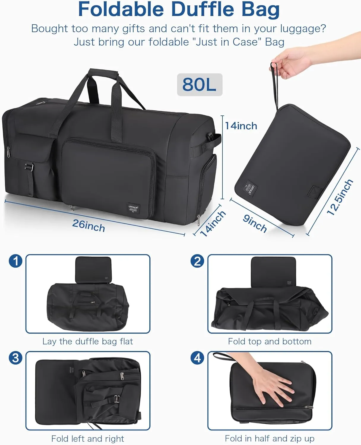 80L Large Duffle Bag for Travel, Urtala 26 Travel Duffle Bag for Men and Women, Foldable Traveling Duffel Bags with Shoes Compartment, Waterproof and Tear Resistant