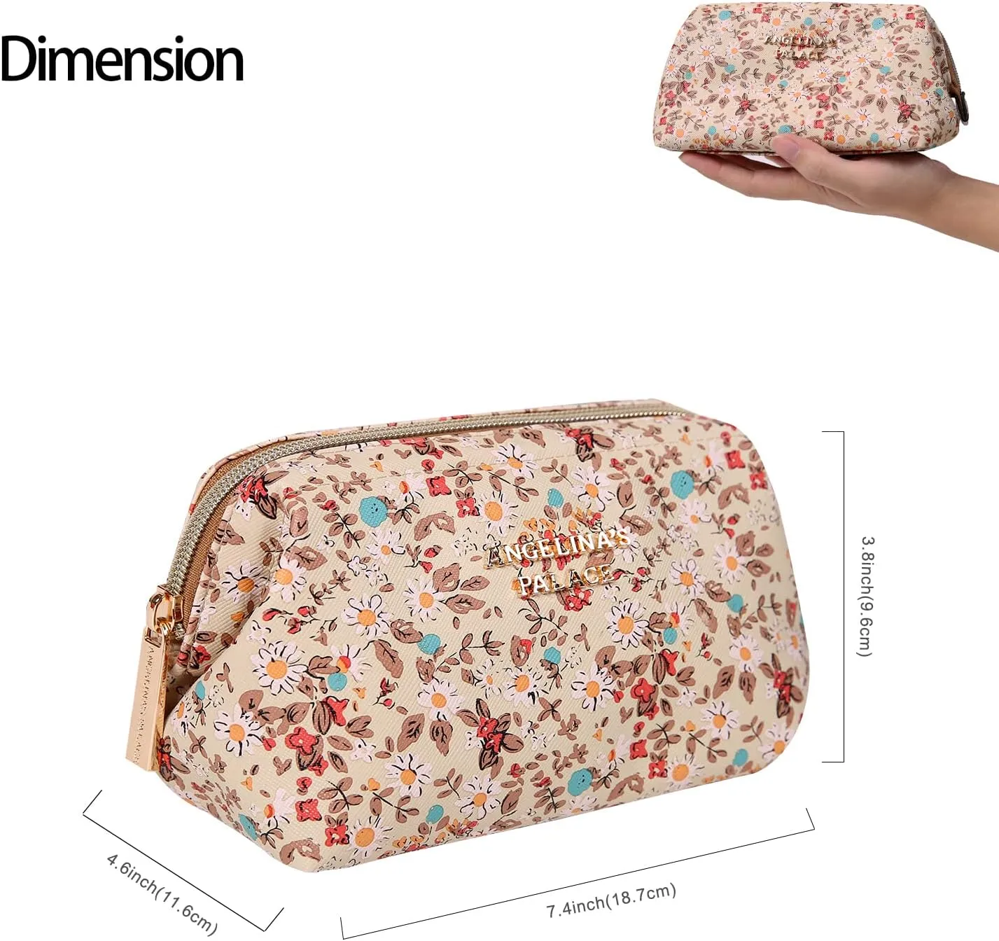Angelina's Palace Vegan Leather Waterproof Travel Cosmetic Bag Toiletry Organizer Makeup Pouches(blossom tan)