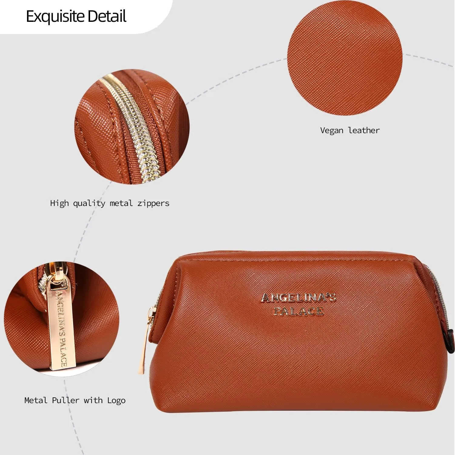 Angelina's Palace Vegan Leather Waterproof Travel Cosmetic Bag Toiletry Organizer Makeup Pouches(bran)