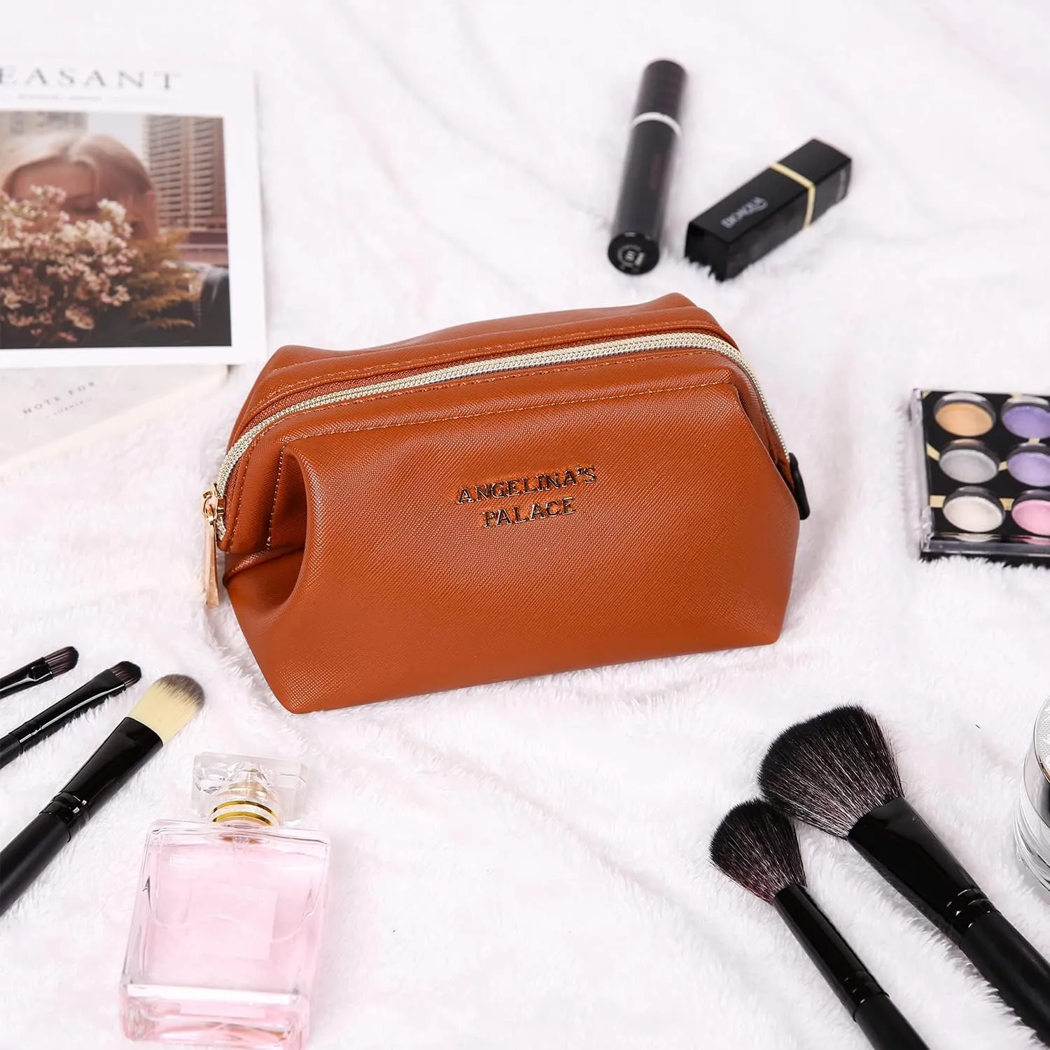 Angelina's Palace Vegan Leather Waterproof Travel Cosmetic Bag Toiletry Organizer Makeup Pouches(bran)