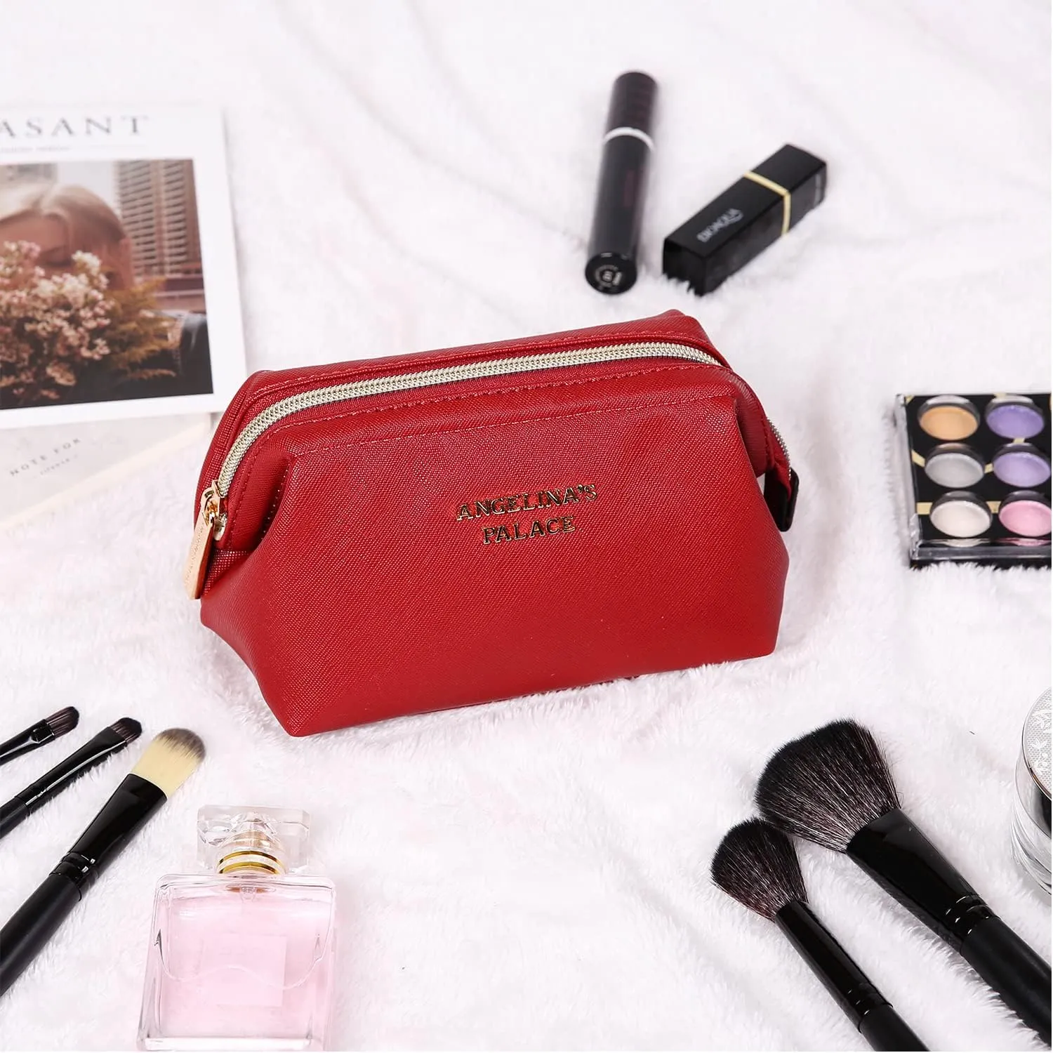 Angelina's Palace Vegan Leather Waterproof Travel Cosmetic Bag Toiletry Organizer Makeup Pouches(brandy)
