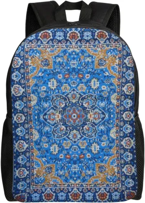 Antique Oriental Turkish Persian Carpet Blue Minimalist Laptop Backpack  Waterproof Business Travel Bag, Breathable Design, Modern Work & Leisure