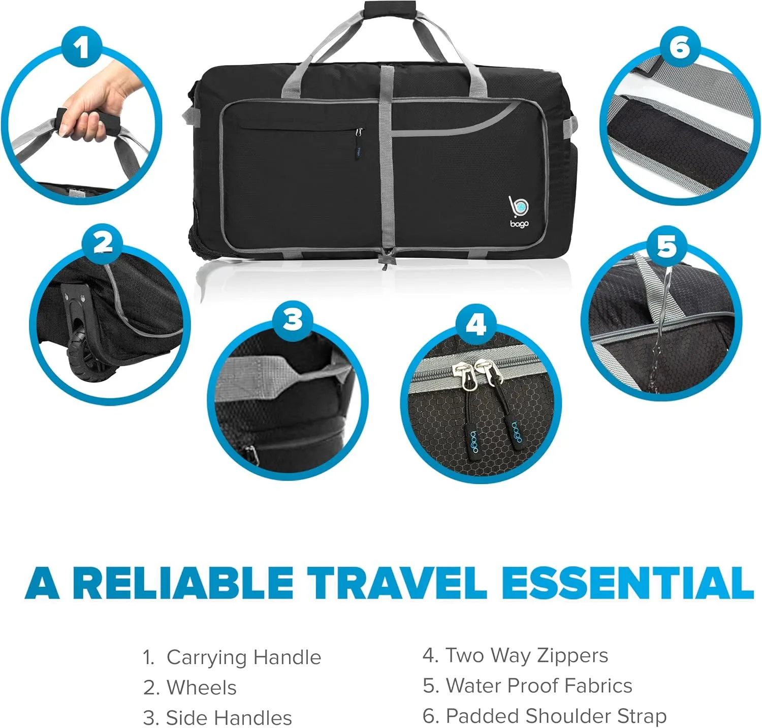 Bago Rolling Duffle Bag with Wheels - 30" 100L Foldable Weekender Bag, Waterproof Travel Duffel Bag, Heavy Duty lightWeight Duffle Bag for Traveling, Rolling Duffel Bag with Wheels (Black2024)
