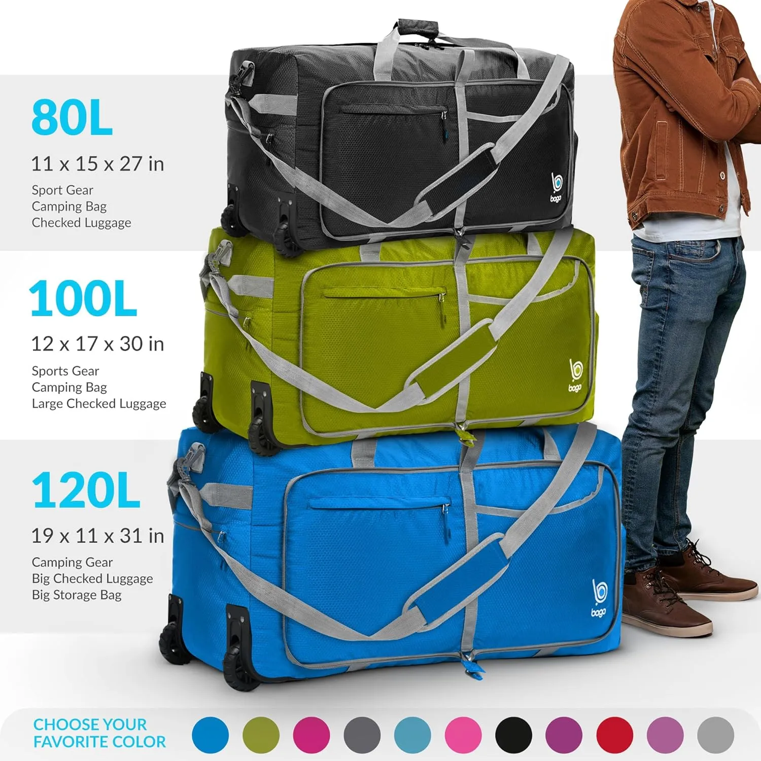Bago Rolling Duffle Bag with Wheels - 30" 100L Foldable Weekender Bag, Waterproof Travel Duffel Bag, Heavy Duty lightWeight Duffle Bag for Traveling, Rolling Duffel Bag with Wheels (Black2024)