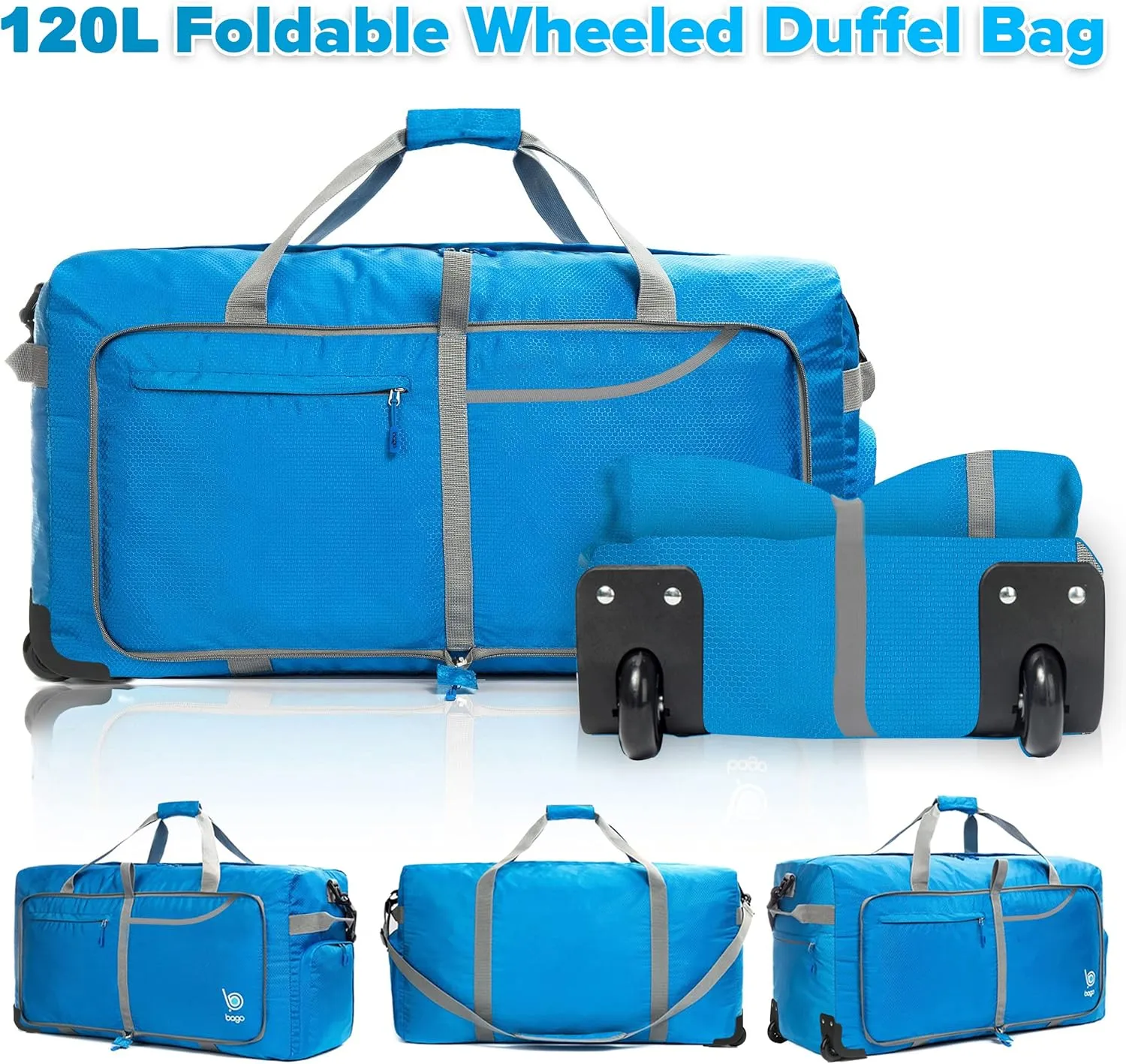 Bago Rolling Duffle Bag with Wheels - 31" 120L Foldable Weekender Bag, Waterproof Travel Duffel Bag, Heavy Duty lightWeight Duffle Bag for Traveling, Rolling Duffel Bag with Wheels (Blue)