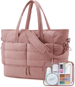 BAGSMART Large Travel Duffel Bag with Shoe Compartment, Puffer Carry-On Gym Weekender Bag for Women, Dark Pink
