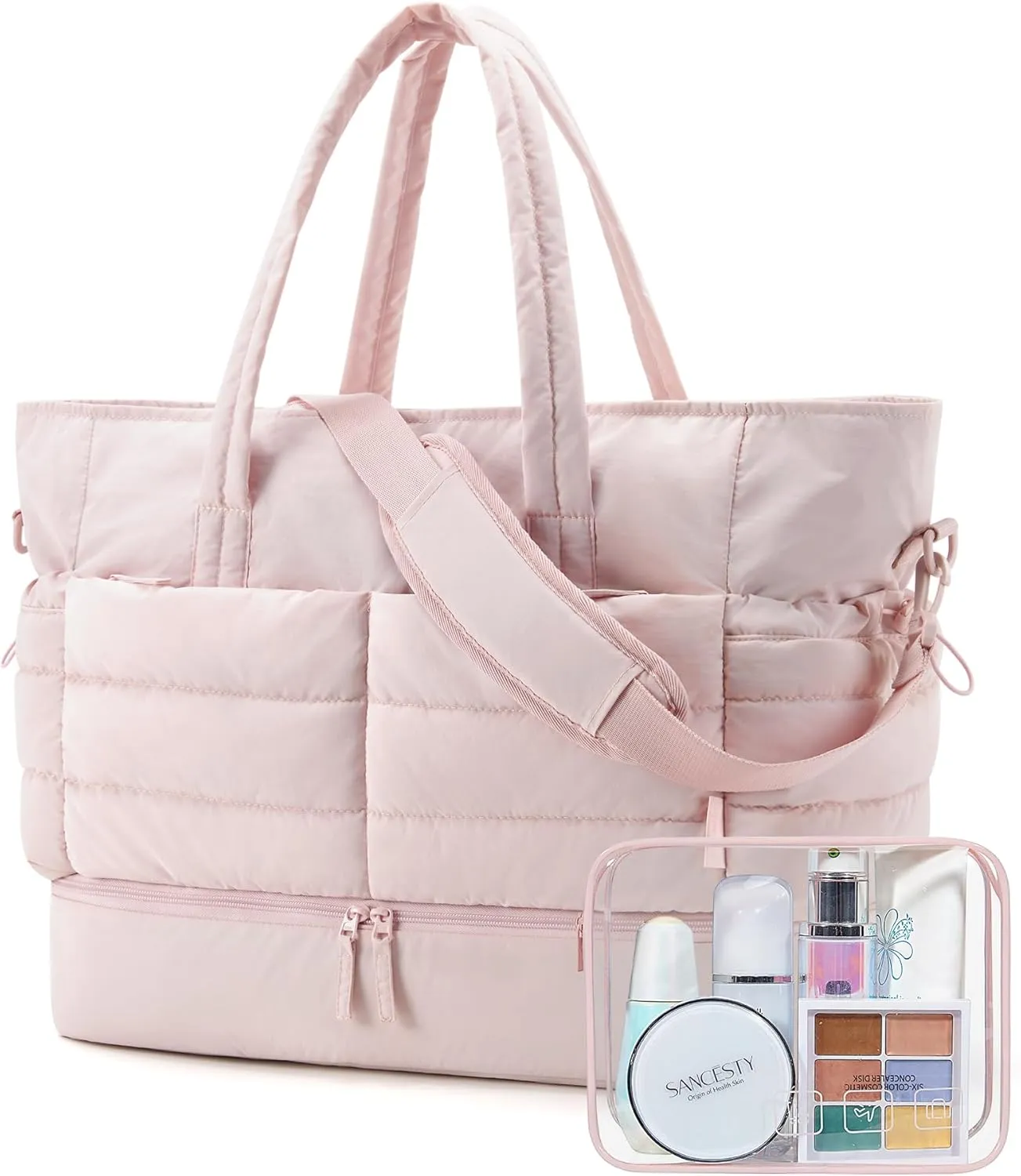 BAGSMART Large Travel Duffel Bag with Shoe Compartment, Puffer Carry-On Gym Weekender Bag for Women, Pink