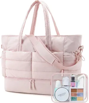 BAGSMART Large Travel Duffel Bag with Shoe Compartment, Puffer Carry-On Gym Weekender Bag for Women, Pink