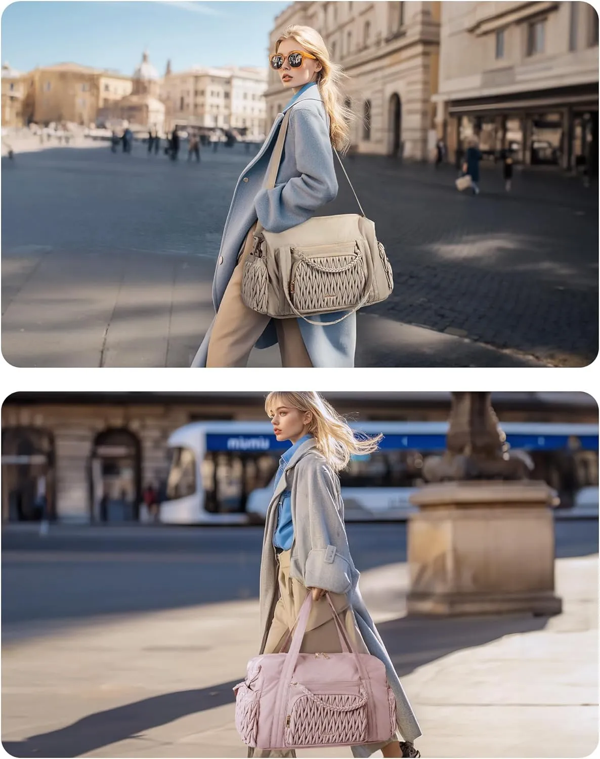 BAGSMART Quilted Duffle Bag for Women, Weekender Overnight Gym Travel Carry-On Bag, Camel
