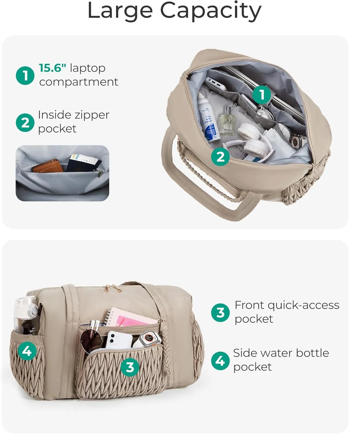 BAGSMART Quilted Duffle Bag for Women, Weekender Overnight Gym Travel Carry-On Bag, Camel