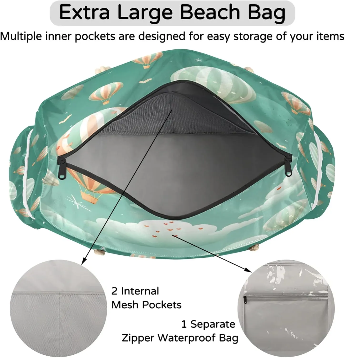 Beach Bags for Women and Men Extra Large Waterproof Sandproof Zipper Travel Tote Bag