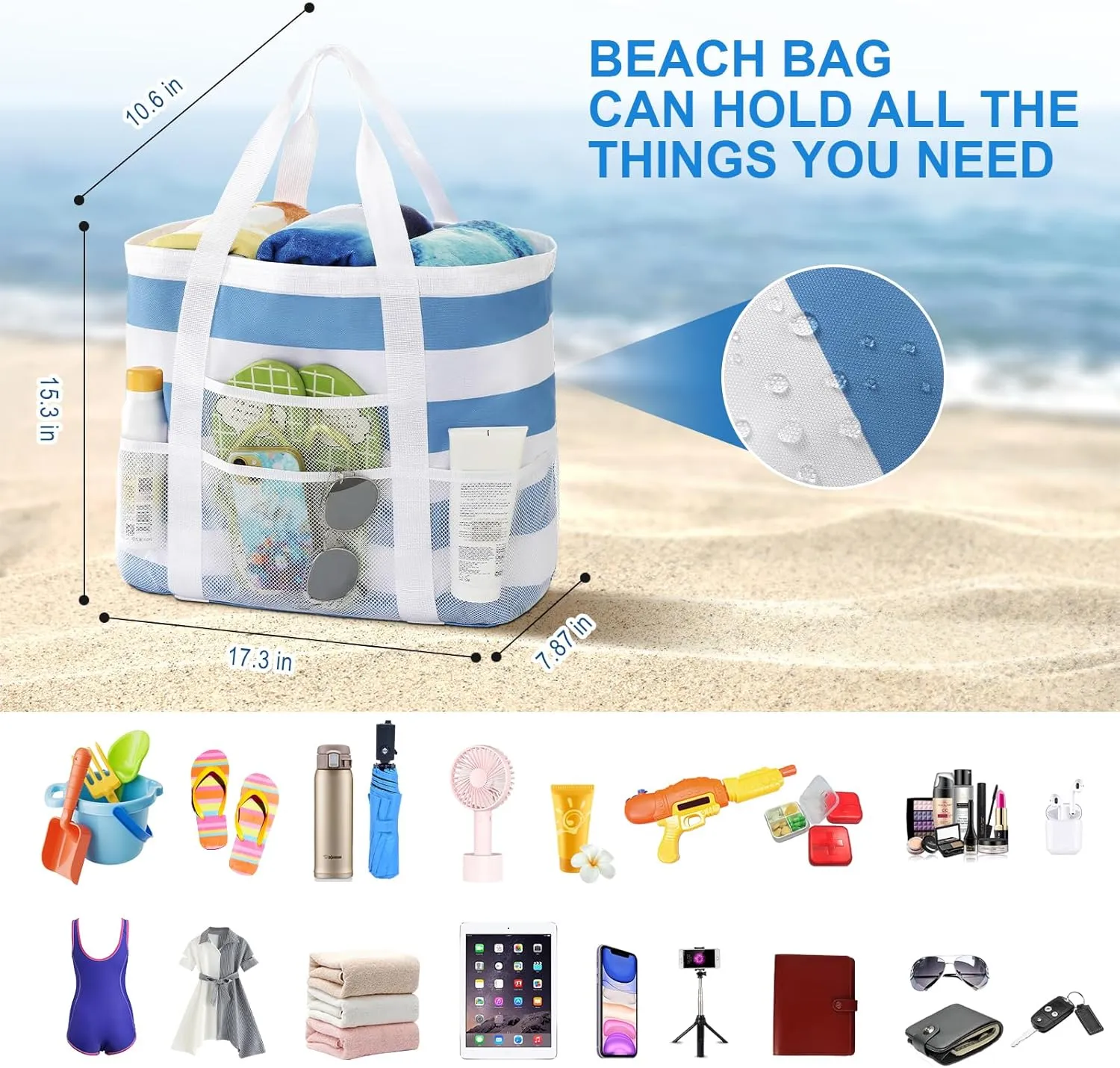 Beach Bags for Women - Large Tote Bags Waterproof Sandproof, Mesh Bag for Vacation Beach Tote Bag Pool Tote