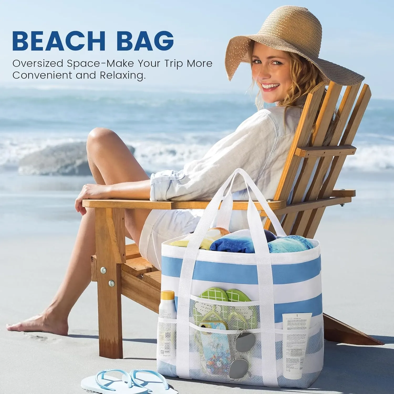 Beach Bags for Women - Large Tote Bags Waterproof Sandproof, Mesh Bag for Vacation Beach Tote Bag Pool Tote