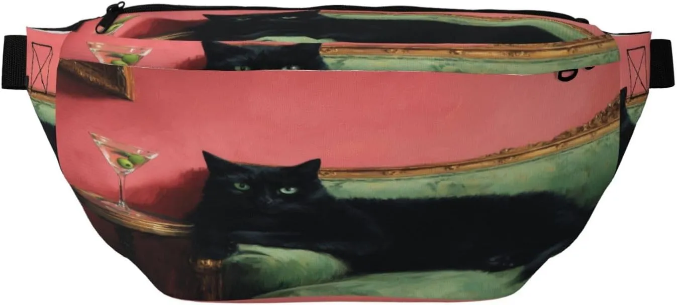 Black Cat Lounging On Teal Green Couch Fanny Pack For Women Man, Waist Belt Bag Crossbody For Sports Travel Hiking Running Jogging