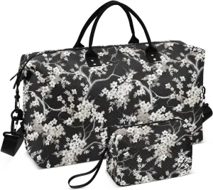 Black Cherry Blossoms Travel Duffle Bag Duffel Bags Large Weekender Bag Carry On Duffel Bag Gym Bag with Toiletry Bag Garment Duffle Bags for Adults Women Airplanes Men Sports Trip Yoga