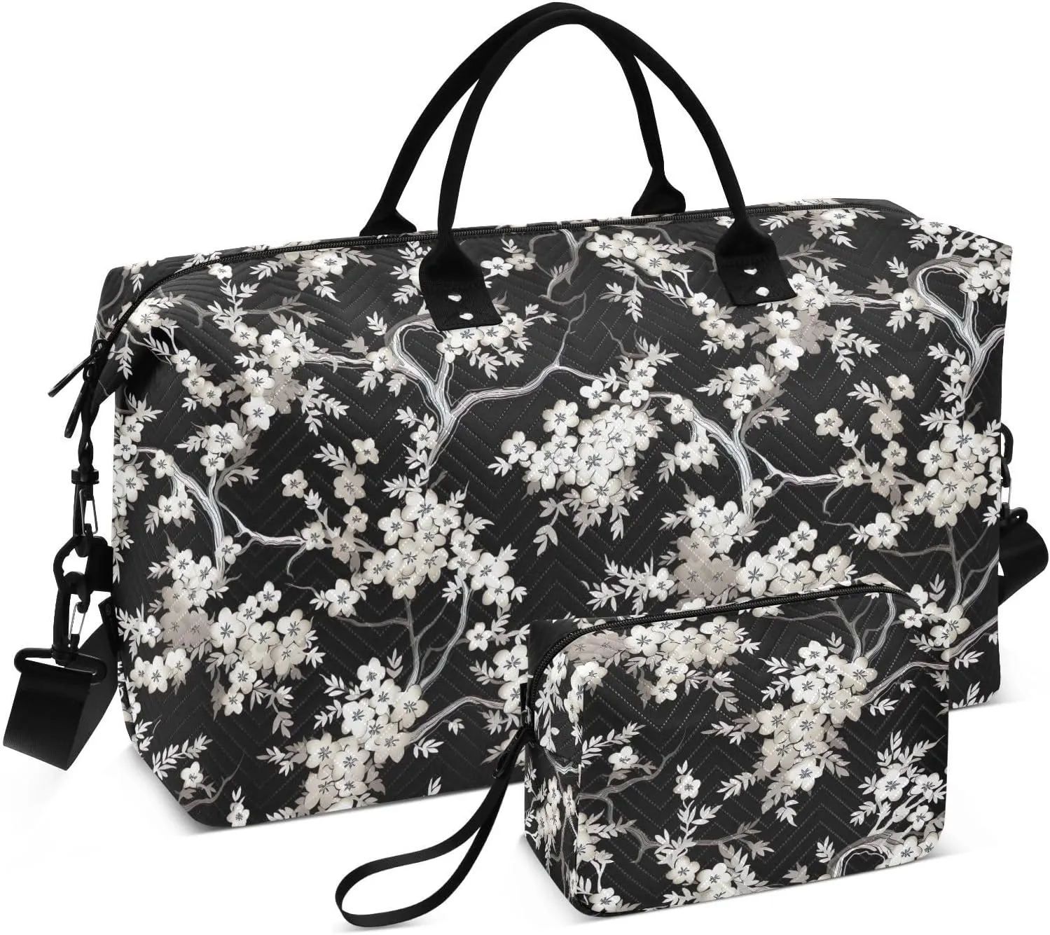 Black Cherry Blossoms Travel Duffle Bag Duffel Bags Large Weekender Bag Carry On Duffel Bag Gym Bag with Toiletry Bag Garment Duffle Bags for Adults Women Airplanes Men Sports Trip Yoga