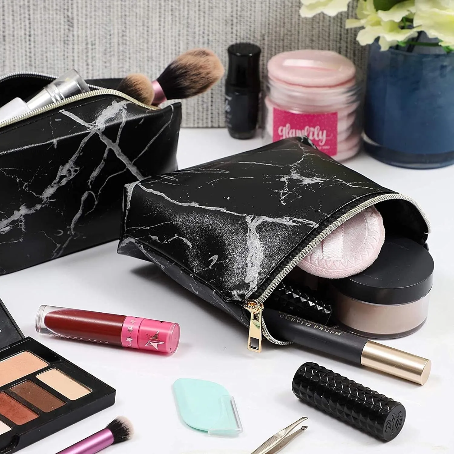 Black Marble Printed Cosmetic Travel Pouch Set for Makeup Supplies (2 Pack)