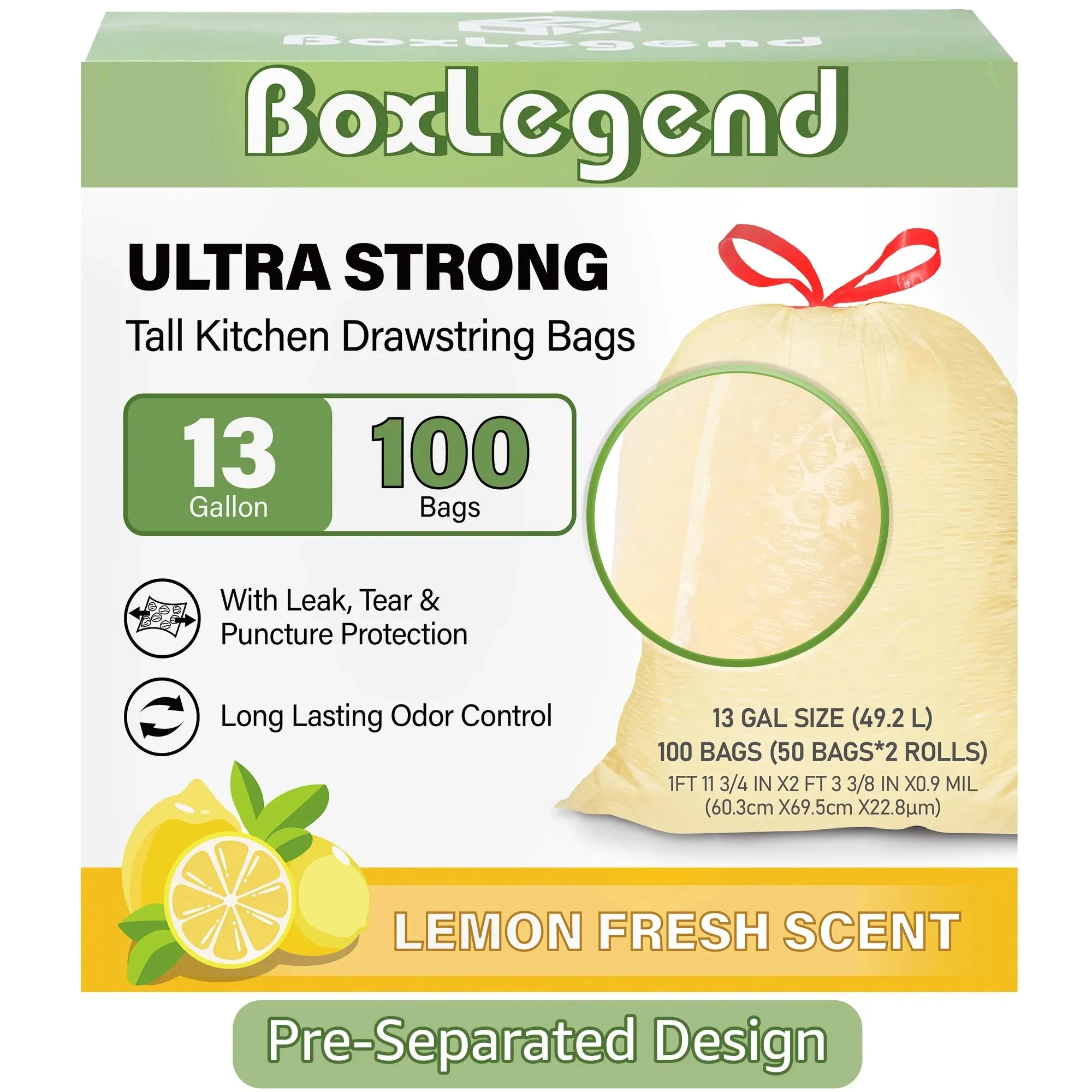 BoxLegend Trash Bags, Ultra Strong 13 Gallon Drawstring Tall Kitchen Garbage Bags, Lemon Scent, 100 Pcs, Light Yellow