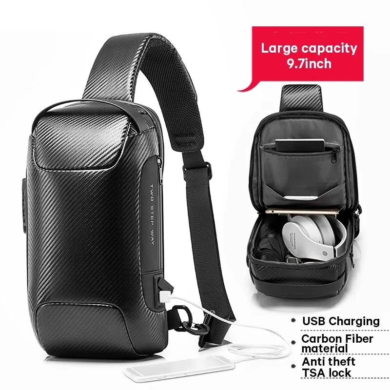 Carbon Fiber Anti Theft Waterproof Crossbody Chest Bag For Men & Women 34 X 18 X 10Cm