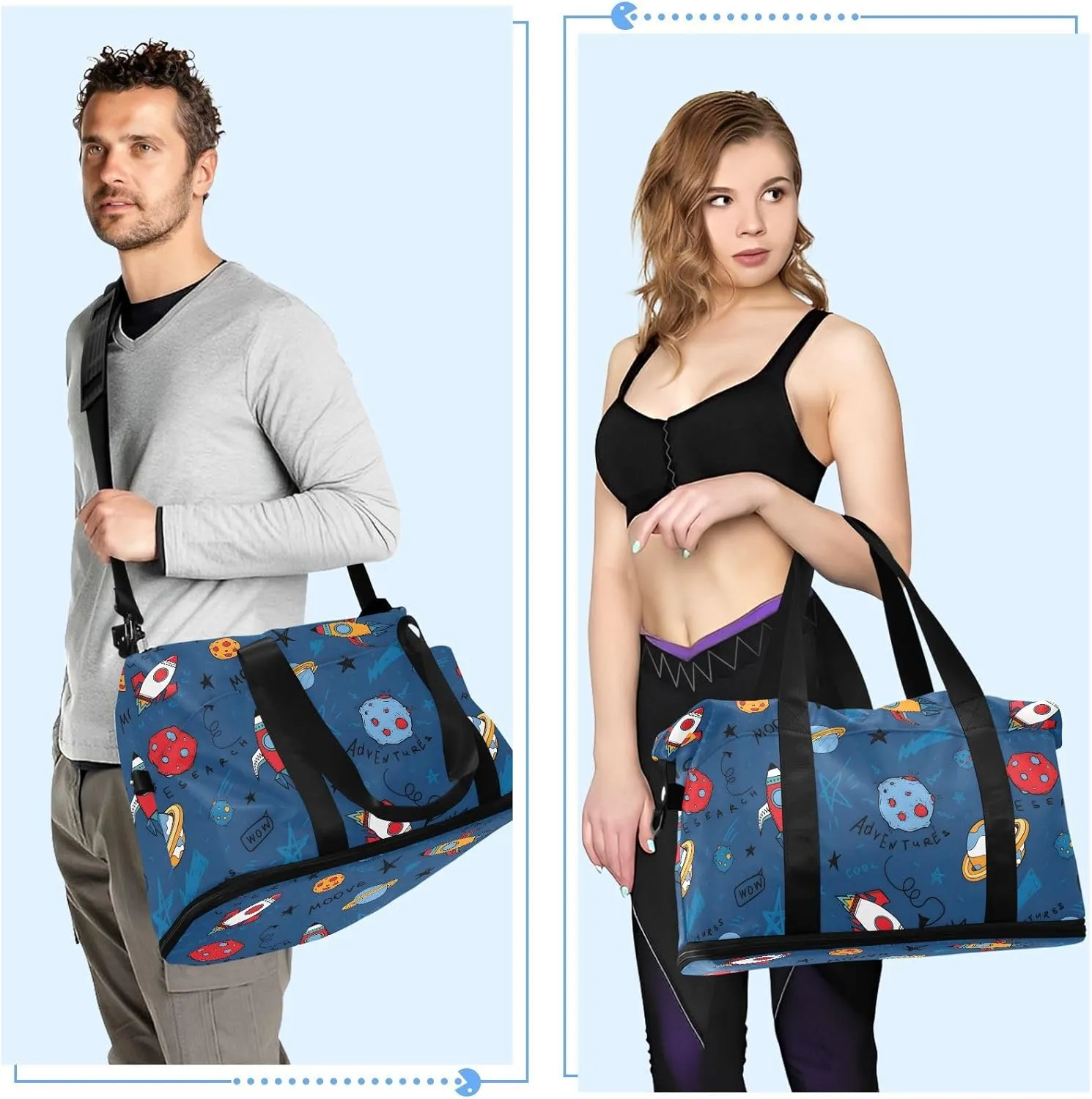 Cartoon Space on Blue Duffel Bags for Traveling Women Expandable Organized Gym Bag, Carry on Bags for Airplanes Underseat with Wet Pocket and Shoes Compartment